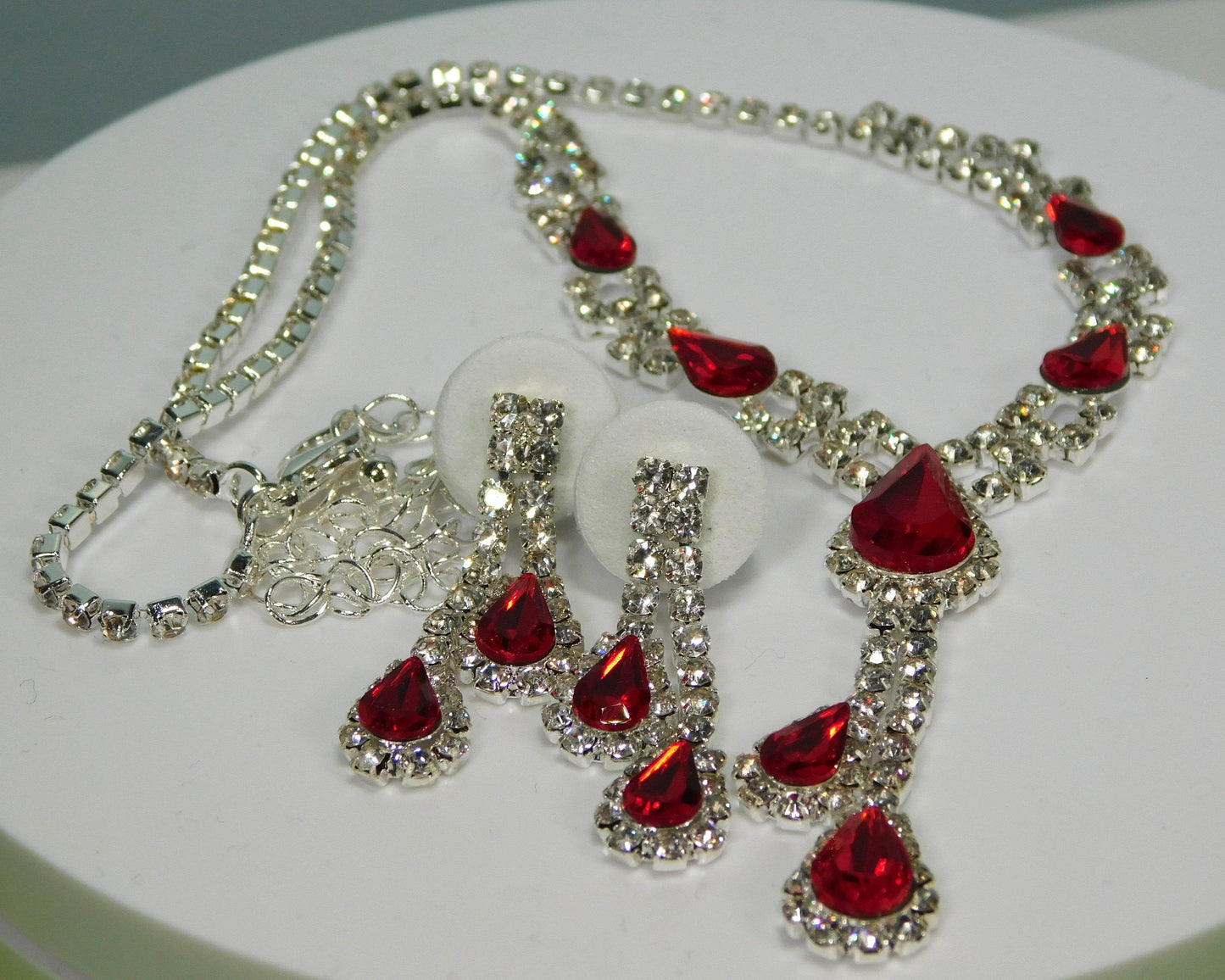 Red Glass Teardrop and Clear Rhinestone Necklace Set - Victoria's Treasure Chests