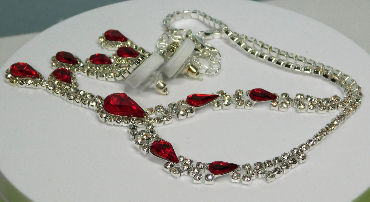 Red Glass Teardrop and Clear Rhinestone Necklace Set - Victoria's Treasure Chests
