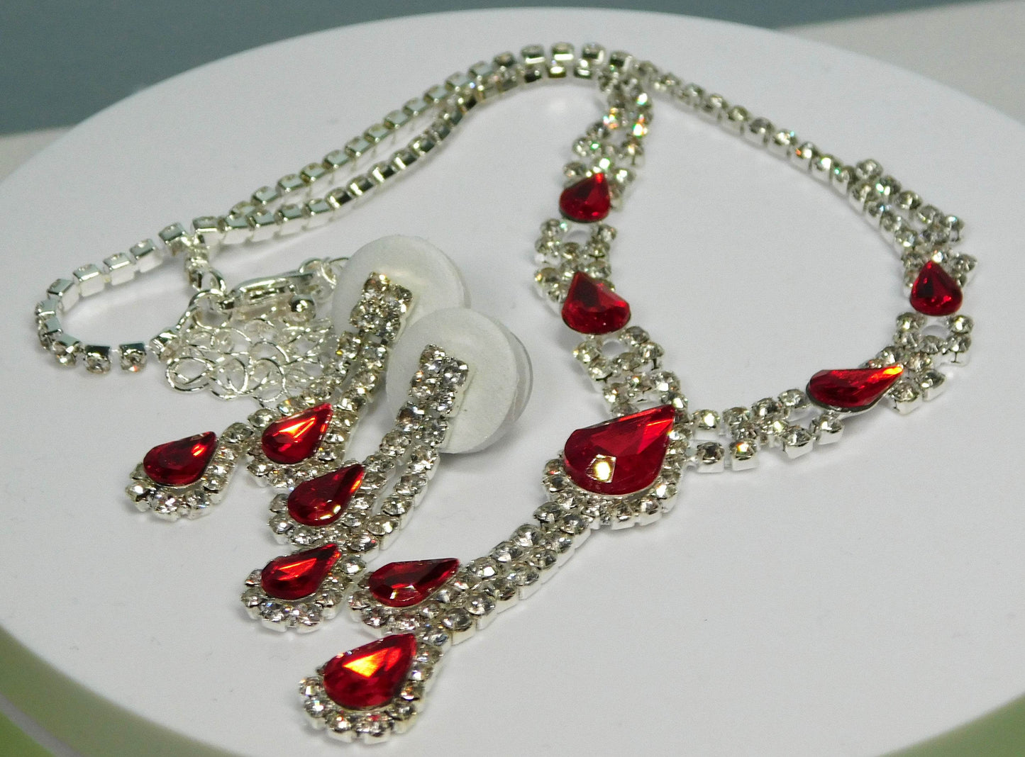 Red Glass Teardrop and Clear Rhinestone Necklace Set - Victoria's Treasure Chests