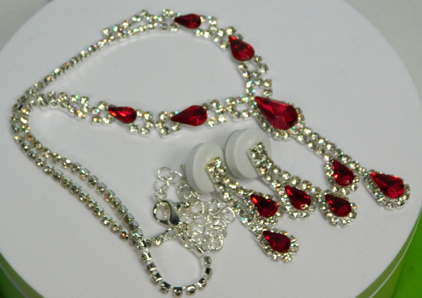 Red Glass Teardrop and Clear Rhinestone Necklace Set - Victoria's Treasure Chests