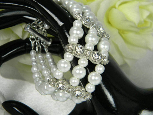 Multi 3 Strand White Pearl & Rhinestone Cuff Bracelet - Victoria's Treasure Chests