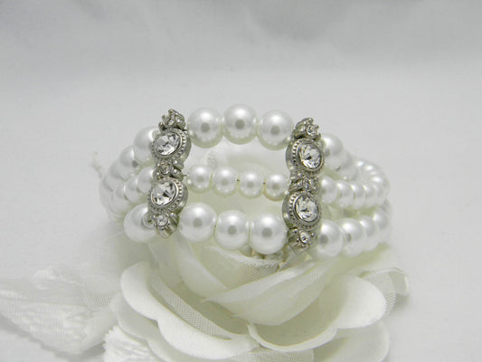 Multi 3 Strand White Pearl & Rhinestone Cuff Bracelet - Victoria's Treasure Chests