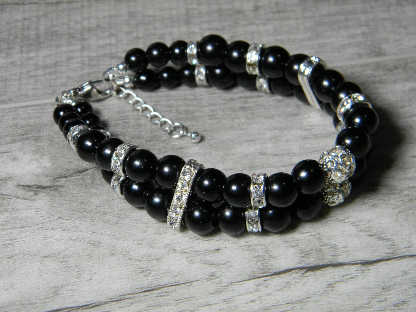Double Strand Glass Pearl-Rhinestone Cuff Bracelet Black - Victoria's Treasure Chests