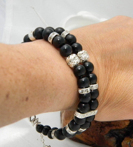 Double Strand Glass Pearl-Rhinestone Cuff Bracelet Black - Victoria's Treasure Chests