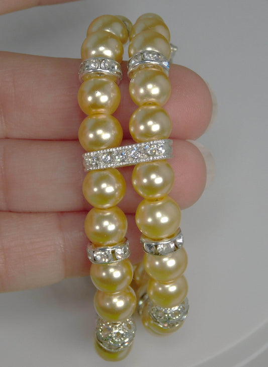 Double Strand Glass Pearl-Rhinestone Cuff Bracelet Pale Yellow - Victoria's Treasure Chests