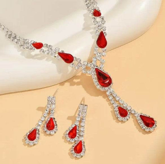 Red Glass Teardrop and Clear Rhinestone Necklace Set - Victoria's Treasure Chests