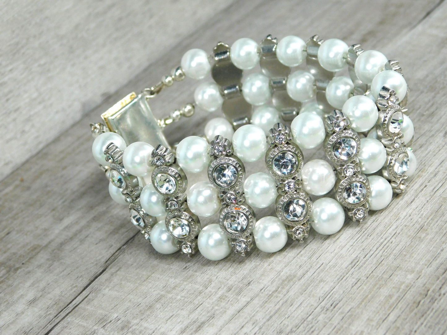 Pearl - Rhinestone Cuff Bracelet - Victoria's Treasure Chests