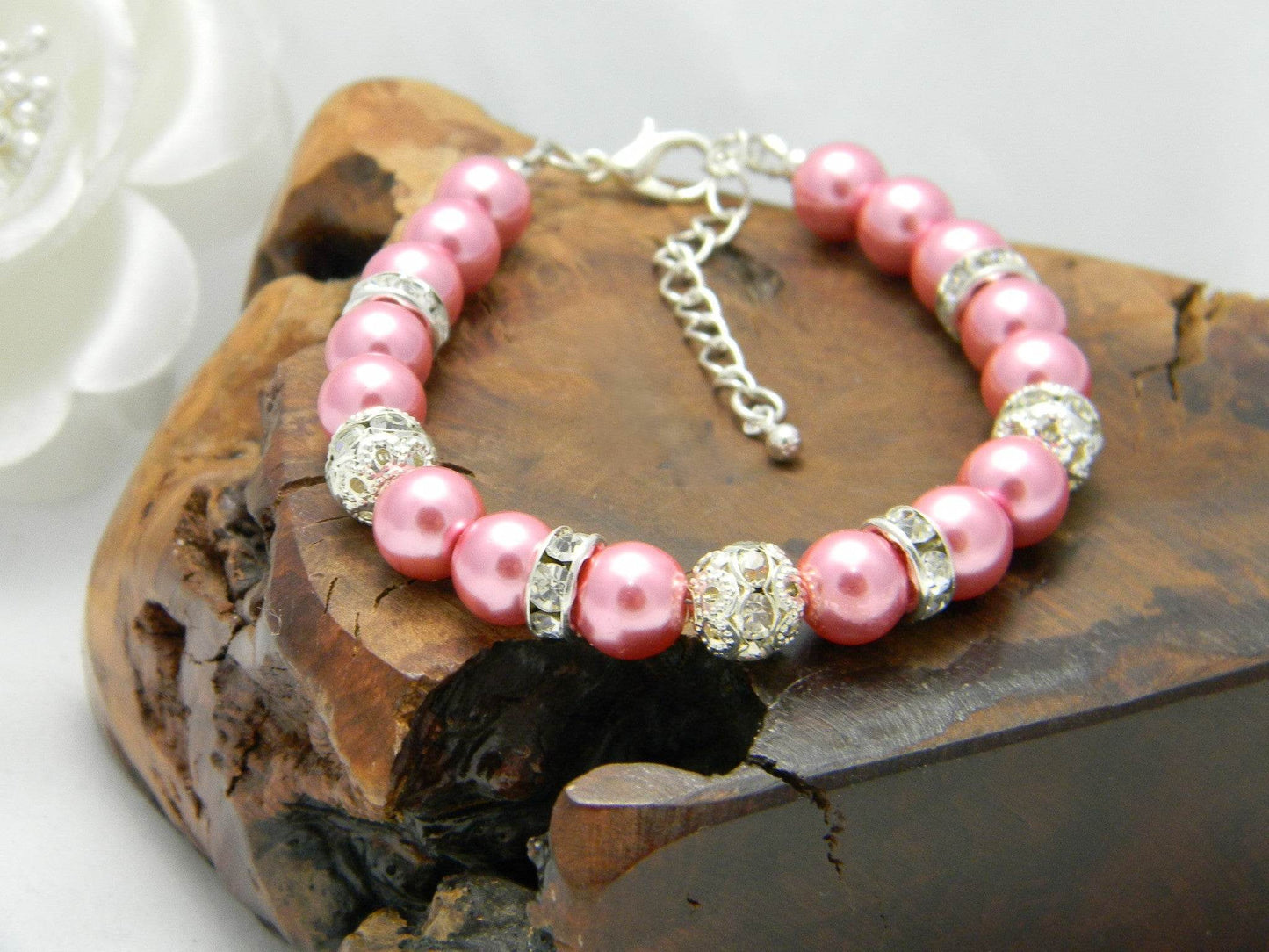 Rose Glass Pearl and Crystal Bracelet - Victoria's Treasure Chests