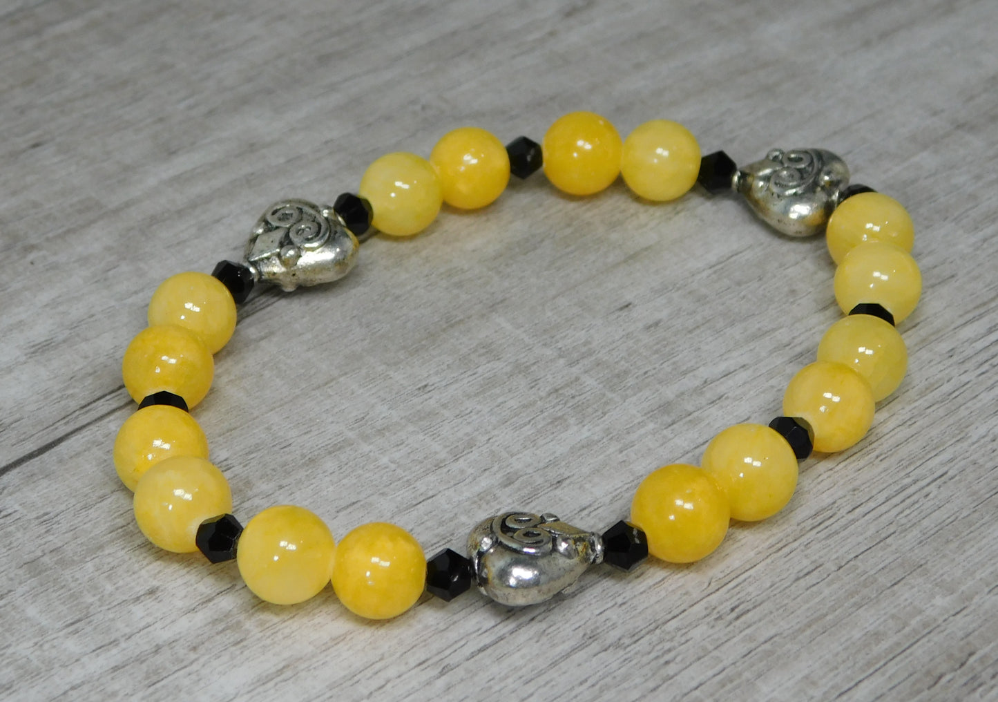 3 Antique Hearts with Yellow Jade Stretch Bracelet