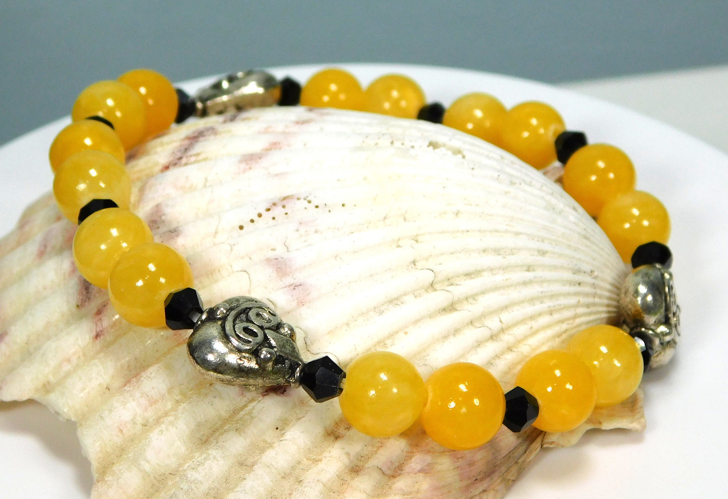 3 Antique Hearts with Yellow Jade Stretch Bracelet