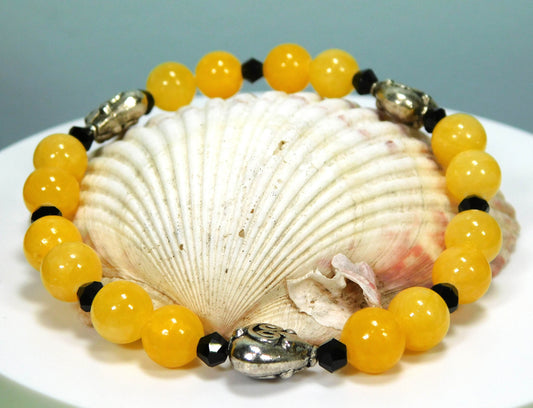 3 Antique Hearts with Yellow Jade Stretch Bracelet - Victoria's Treasure Chests