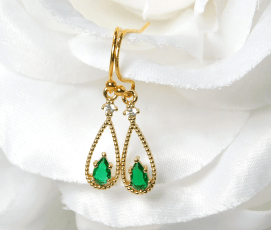 Gold Dangle Earrings CZ with Red and Green Glass Drop Earrings - Victoria's Treasure Chests