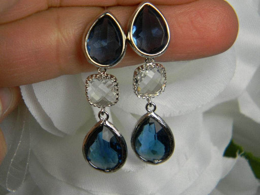 Long Sapphire Blue/Clear Glass Dangle Earrings - Victoria's Treasure Chests