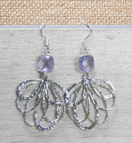Rhodium peacock feather earrings with light purple Tanzanite