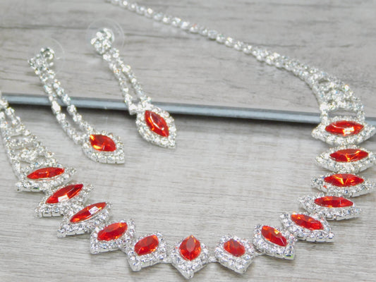 Ruby Red Diamond Shape Rhinestone and Glass Necklace set - Victoria's Treasure Chests