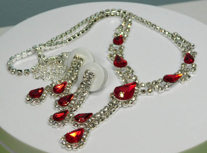 Red Glass Teardrop and Clear Rhinestone Necklace Set - Victoria's Treasure Chests