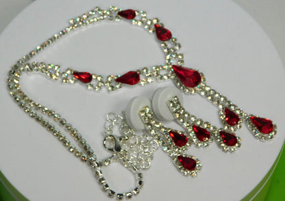 Red Glass Teardrop and Clear Rhinestone Necklace Set - Victoria's Treasure Chests