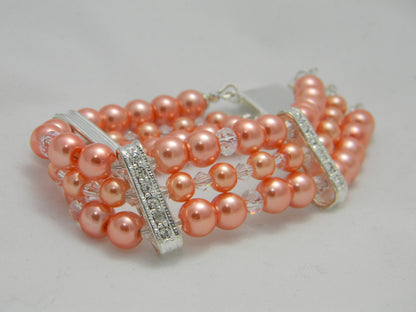 Coral Pearl Rhinestone Cuff Bracelet