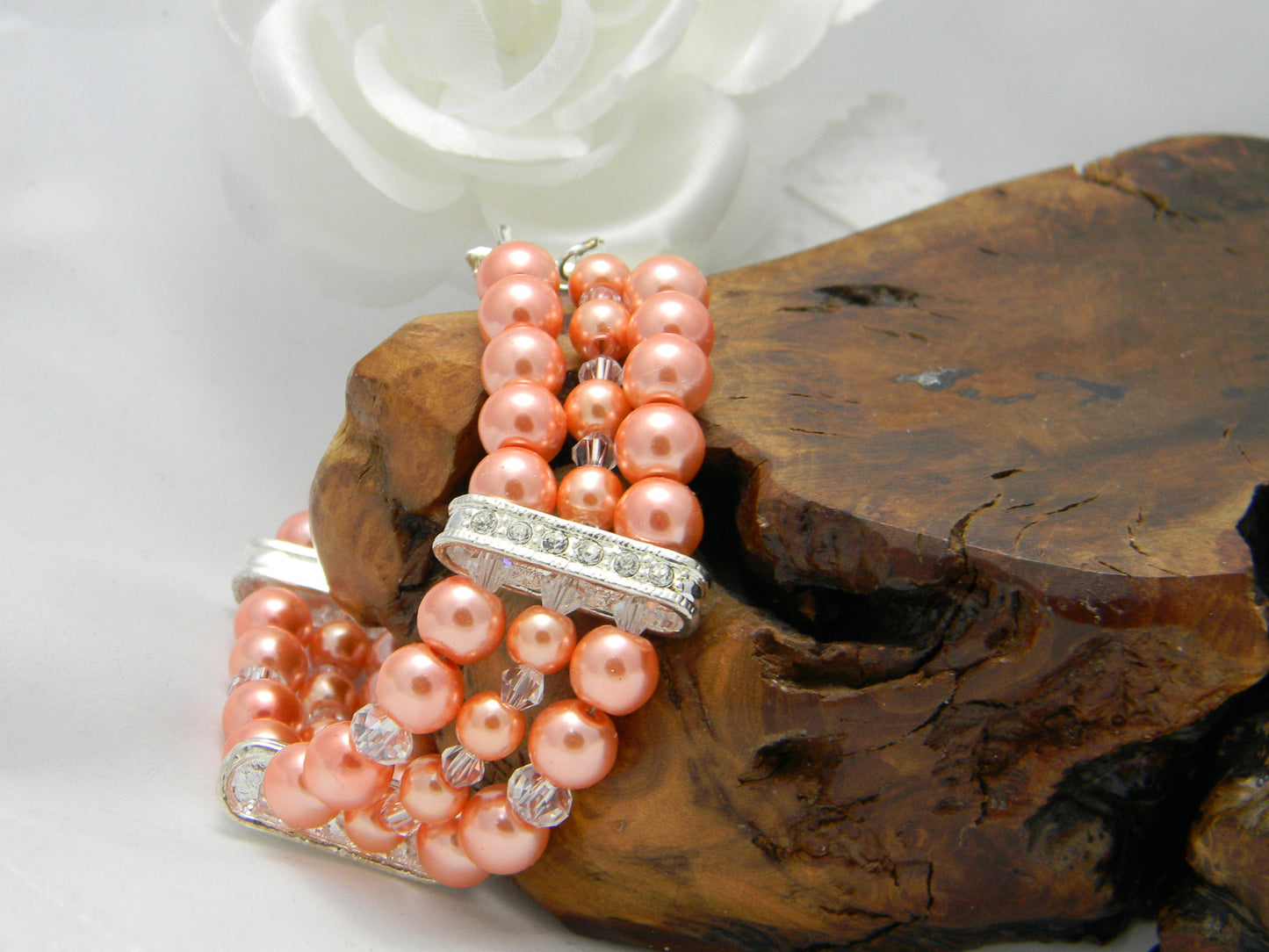 Coral Pearl Rhinestone Cuff Bracelet