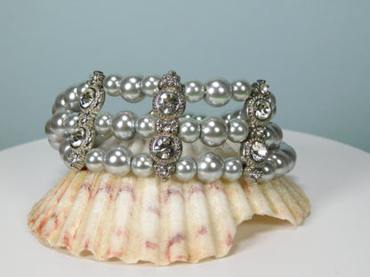 3 Strand Pearl - Rhinestone Cuff Bracelet