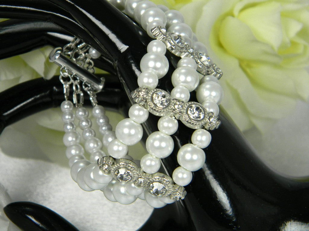 3 Strand Pearl - Rhinestone Cuff Bracelet