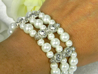 3 Strand Pearl - Rhinestone Cuff Bracelet