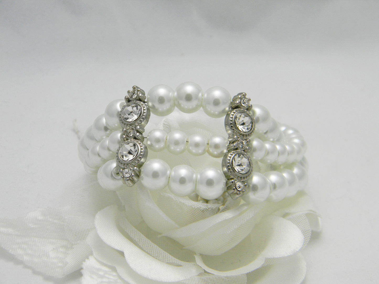 3 Strand Pearl - Rhinestone Cuff Bracelet