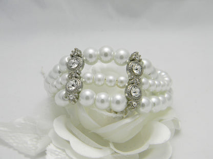 3 Strand Pearl - Rhinestone Cuff Bracelet