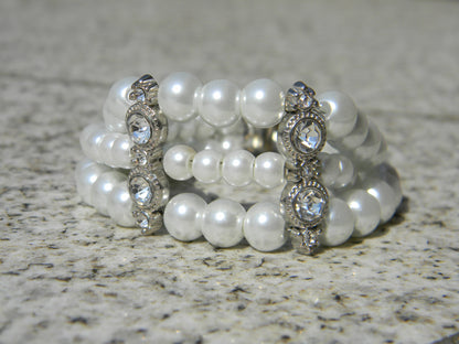 3 Strand Pearl - Rhinestone Cuff Bracelet