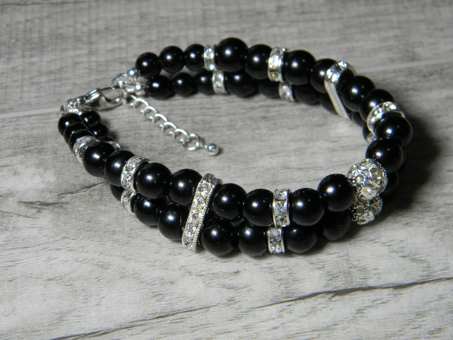 Double Strand Glass Pearl-Rhinestone Cuff Bracelet Black