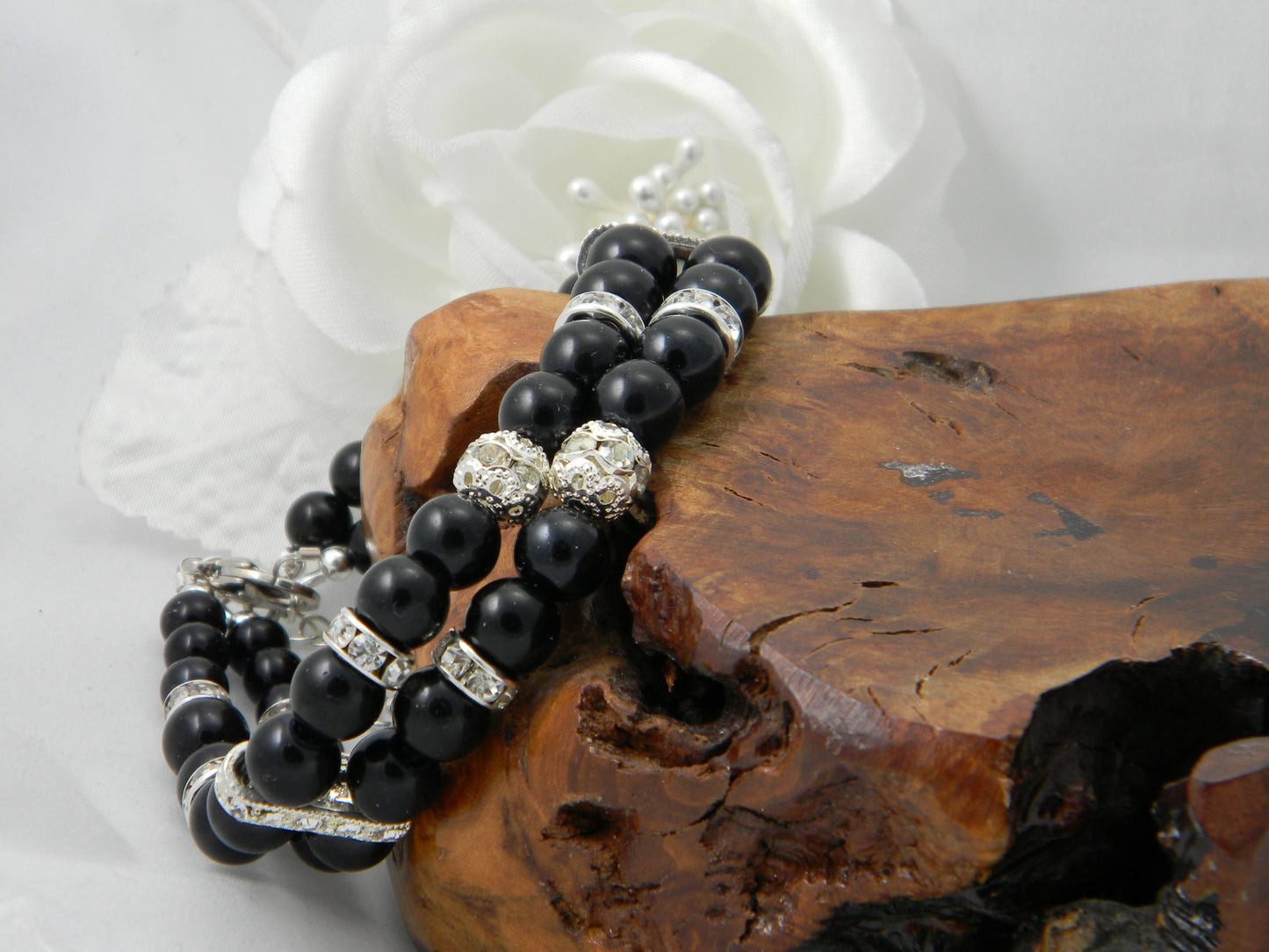 Double Strand Glass Pearl-Rhinestone Cuff Bracelet Black