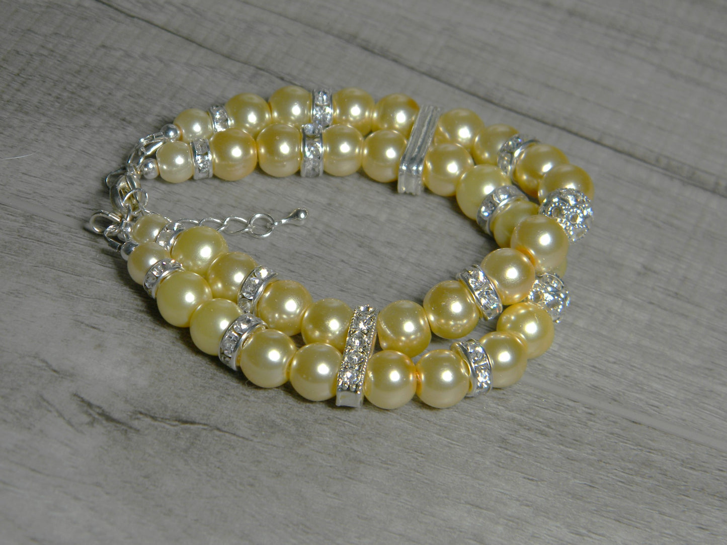 Double Strand Glass Pearl-Rhinestone Cuff Bracelet Pale Yellow