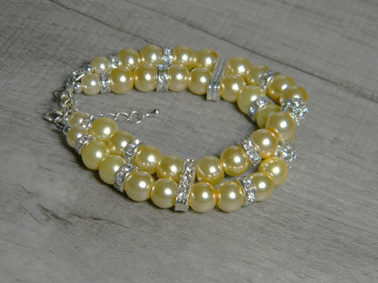 Double Strand Glass Pearl-Rhinestone Cuff Bracelet Pale Yellow