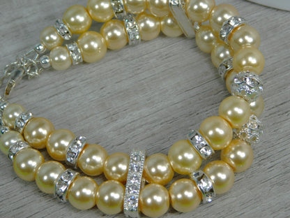 Double Strand Glass Pearl-Rhinestone Cuff Bracelet Pale Yellow