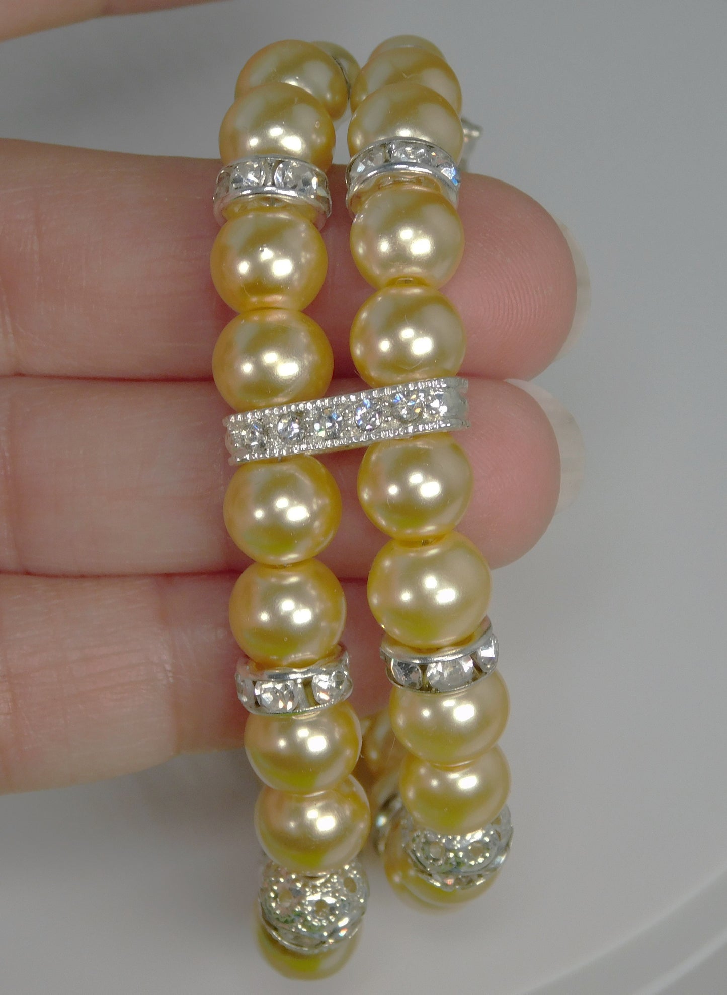 Double Strand Glass Pearl-Rhinestone Cuff Bracelet Pale Yellow