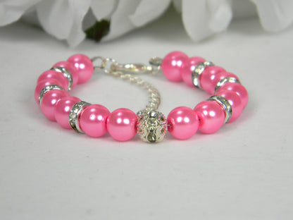 Pink Glass Pearl and Crystal Bracelet