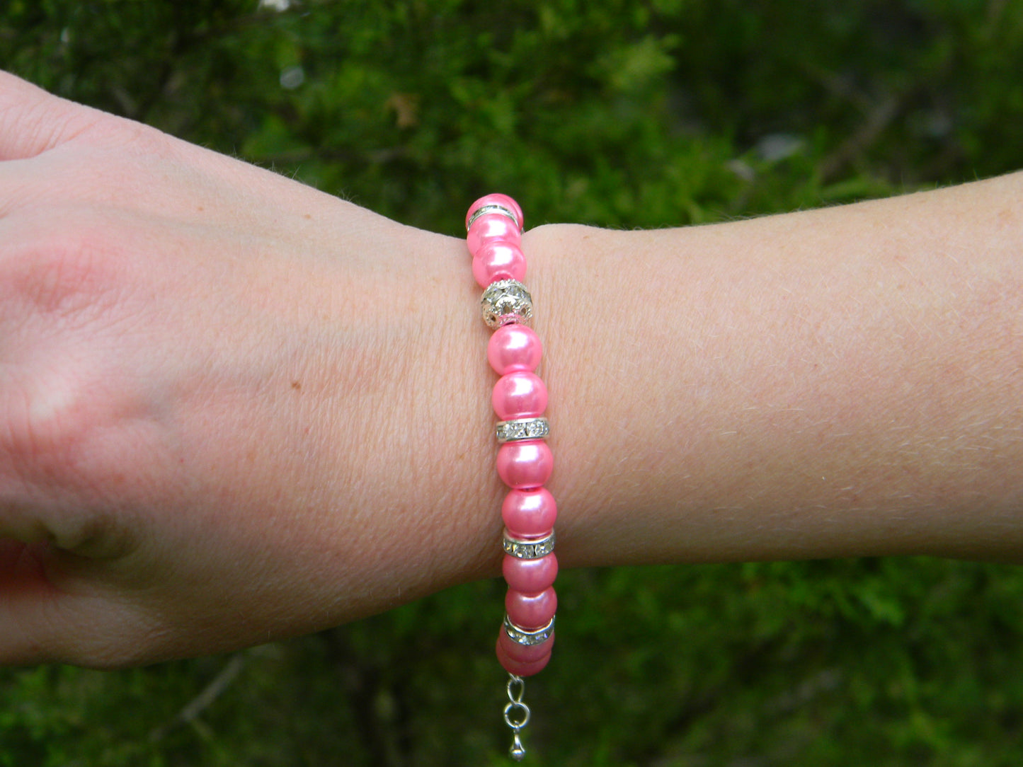 Pink Glass Pearl and Crystal Bracelet