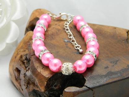 Pink Glass Pearl and Crystal Bracelet