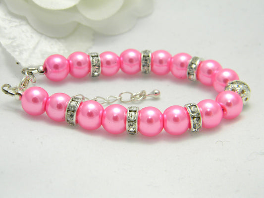 Pink Glass Pearl and Crystal Bracelet