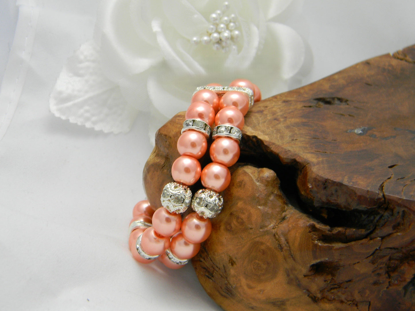 Double Strand Glass Pearl-Rhinestone Cuff Bracelet Coral