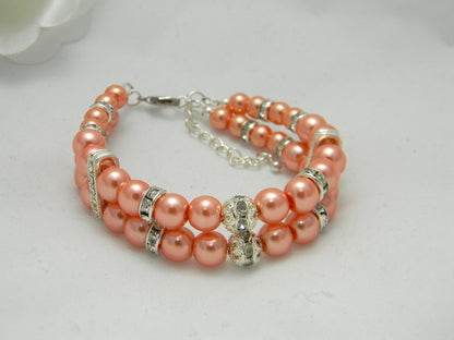 Double Strand Glass Pearl-Rhinestone Cuff Bracelet Coral