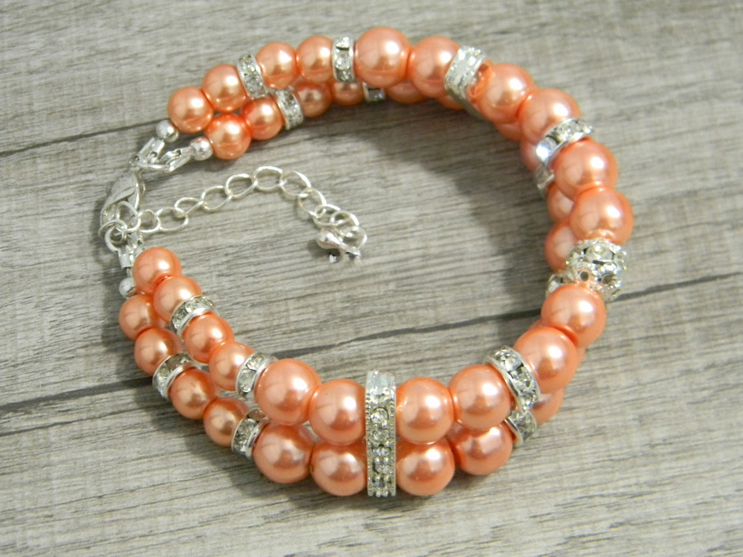 Double Strand Glass Pearl-Rhinestone Cuff Bracelet Coral