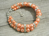 Double Strand Glass Pearl-Rhinestone Cuff Bracelet Coral