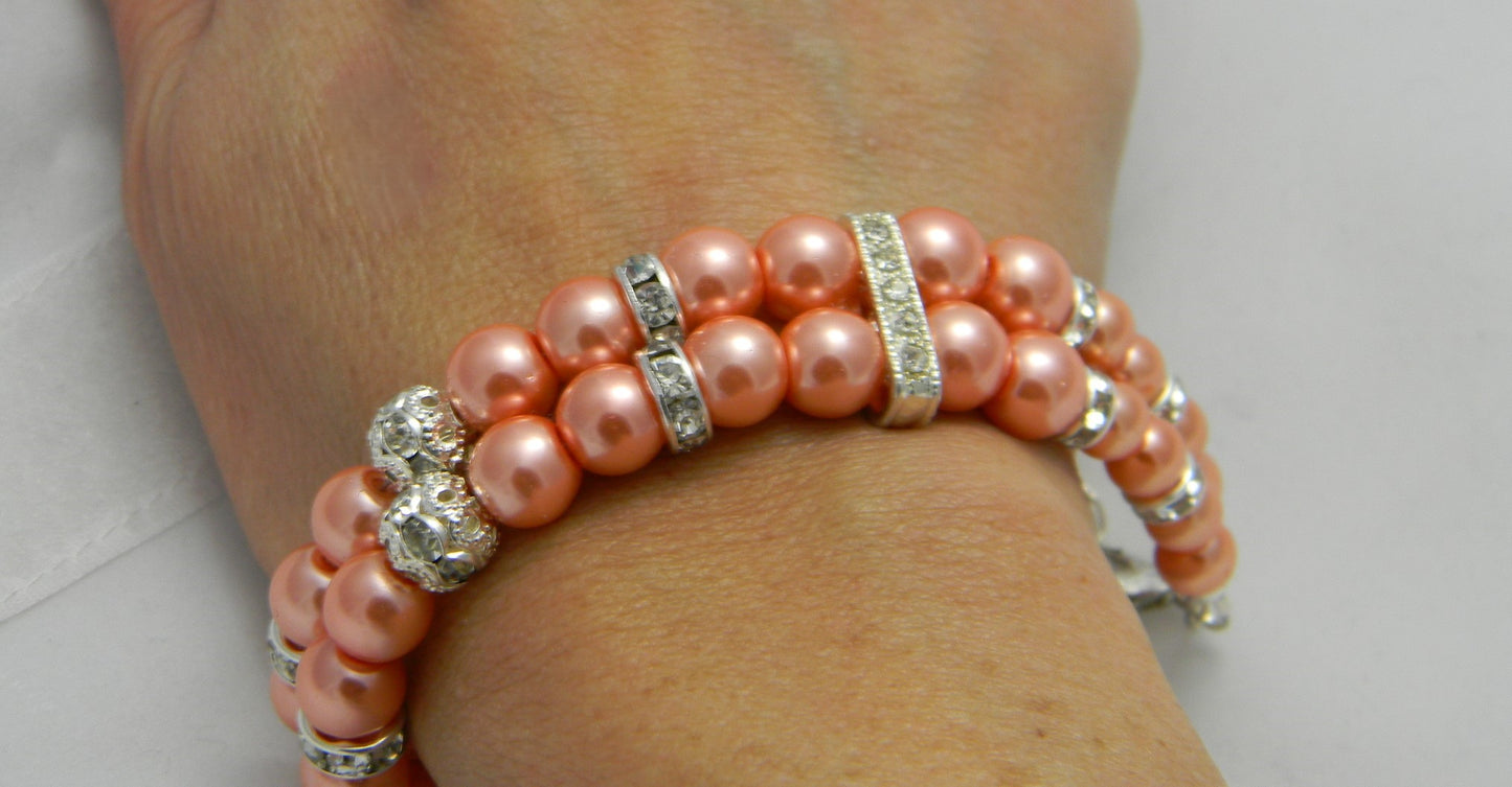 Double Strand Glass Pearl-Rhinestone Cuff Bracelet Coral