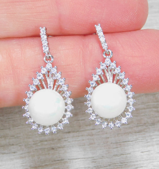 White Pearl & Cubic Zirconia Teardrop Earrings