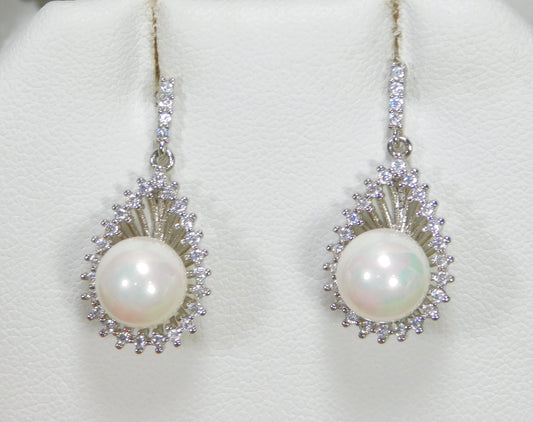 White Pearl & Cubic Zirconia Teardrop Earrings