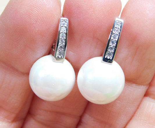 CZ White 12mm Pearl Drop Earring