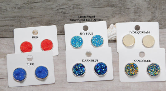 Stud Earrings, 12mm Round Earrings, Druzy Jewelry, Faux Druzy Resin Stud Earrings, Simple Earring Posts, Thank you Gift