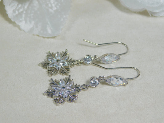 "Silver Snowflake Cubic Zirconia Earrings, Christmas Gift"