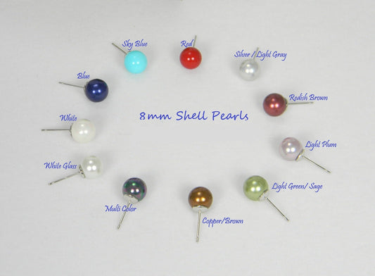 8mm Pearl Stud earrings in your choice of color.